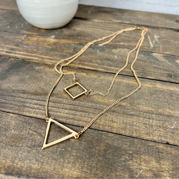 Gold Tone Geometric Two Strand Statement Necklace - Picture 4 of 6